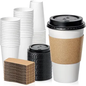 Fit Meal Prep 100 Pack 16 oz Disposable Coffee Cups with Lids, Sleeves, Leak-Proof To Go Coffee Cups with Lids, Durable Paper Cups for Hot Beverage, Home, Office, Party