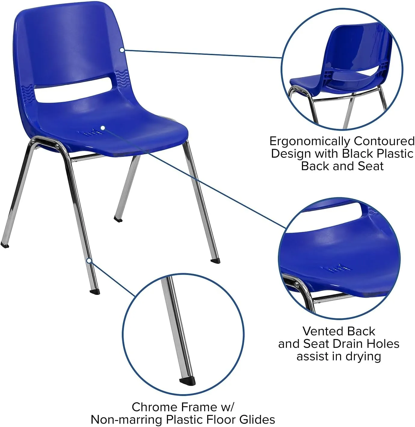 Flash Furniture 5 Pack HERCULES Series 880 lb. Capacity Navy Ergonomic Shell Stack Chair with Chrome Frame and 18'' Seat Height