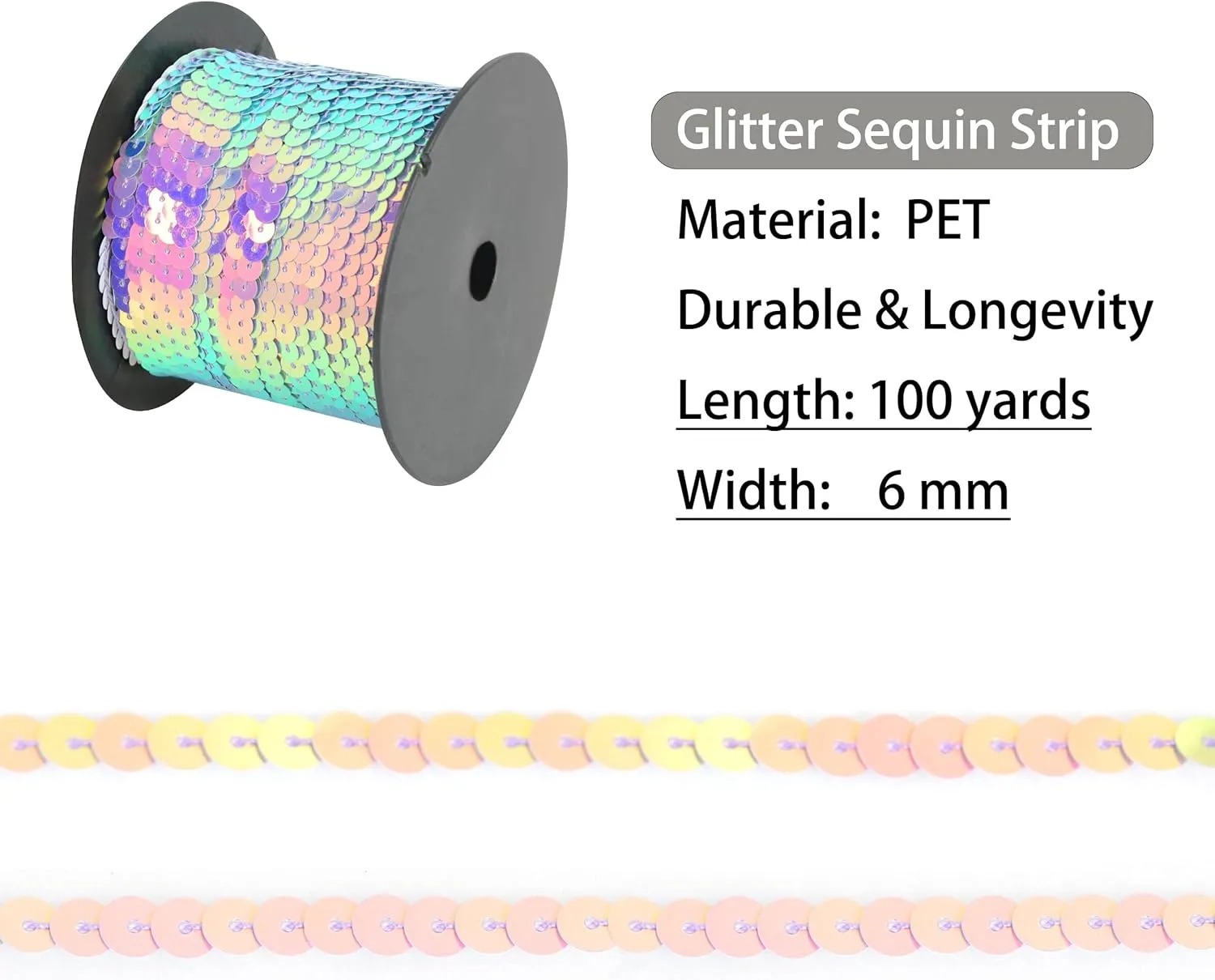 Flat Sequin Strip, 6mm String Metallic Sequin Strand, Multicolor, 100 Yards