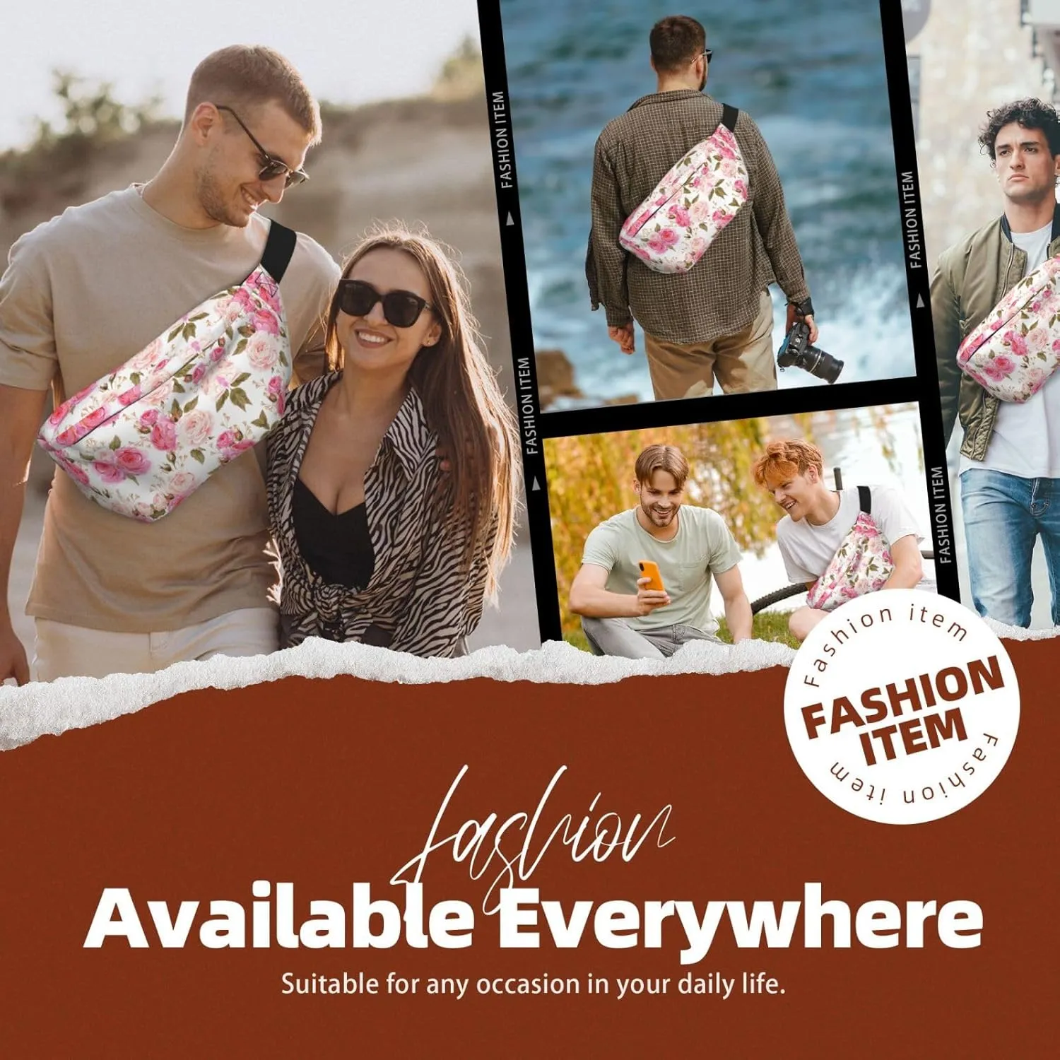 Floral Flower Rose Pink Fanny Pack Crossbody Bag â€“ Fashionable Sling Bag for Travel, Running, Cycling, and Everyday Use