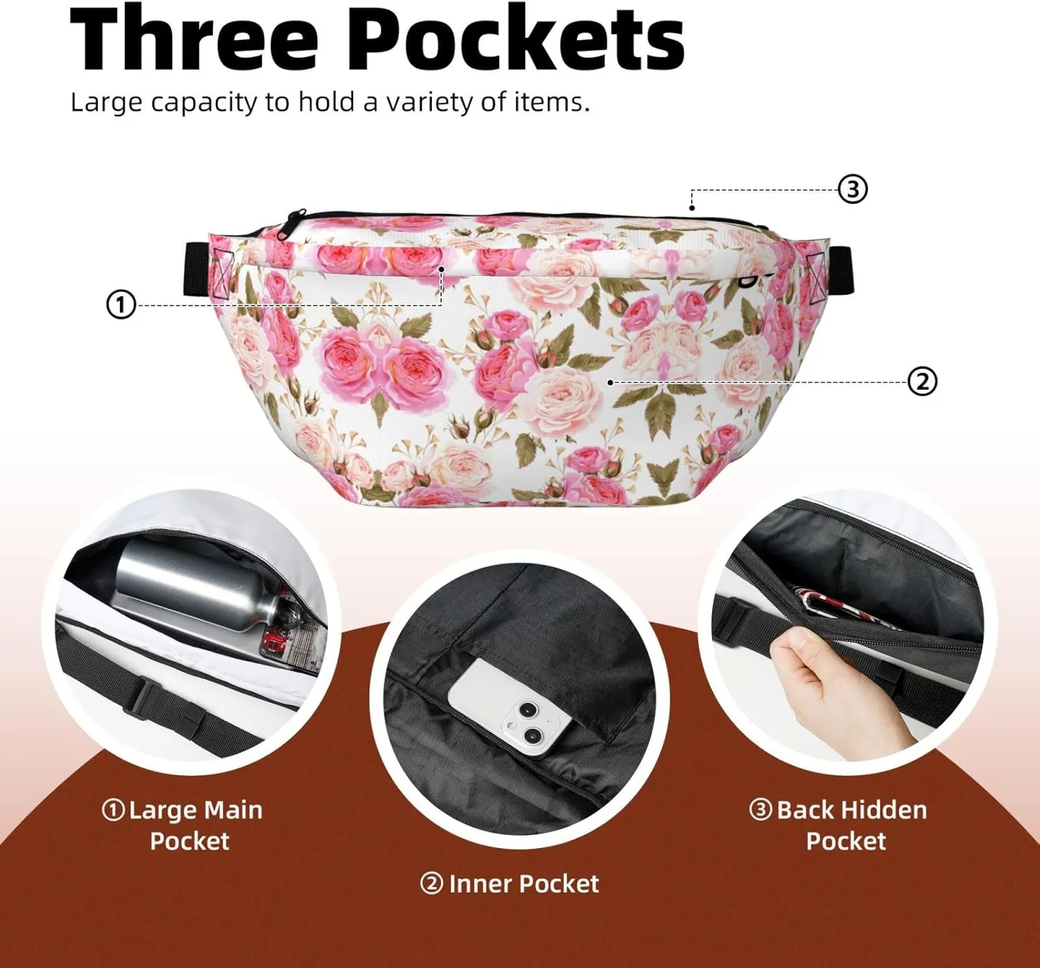 Floral Flower Rose Pink Fanny Pack Crossbody Bag â€“ Fashionable Sling Bag for Travel, Running, Cycling, and Everyday Use