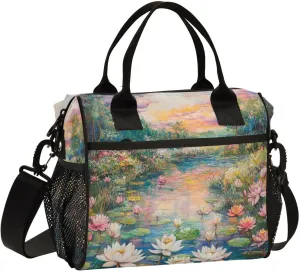 Flower Pond Green Lunch Bag for Women Insulated Large Lunch Tote Bag with Adjustable Shoulder Strap for Work Picnic M