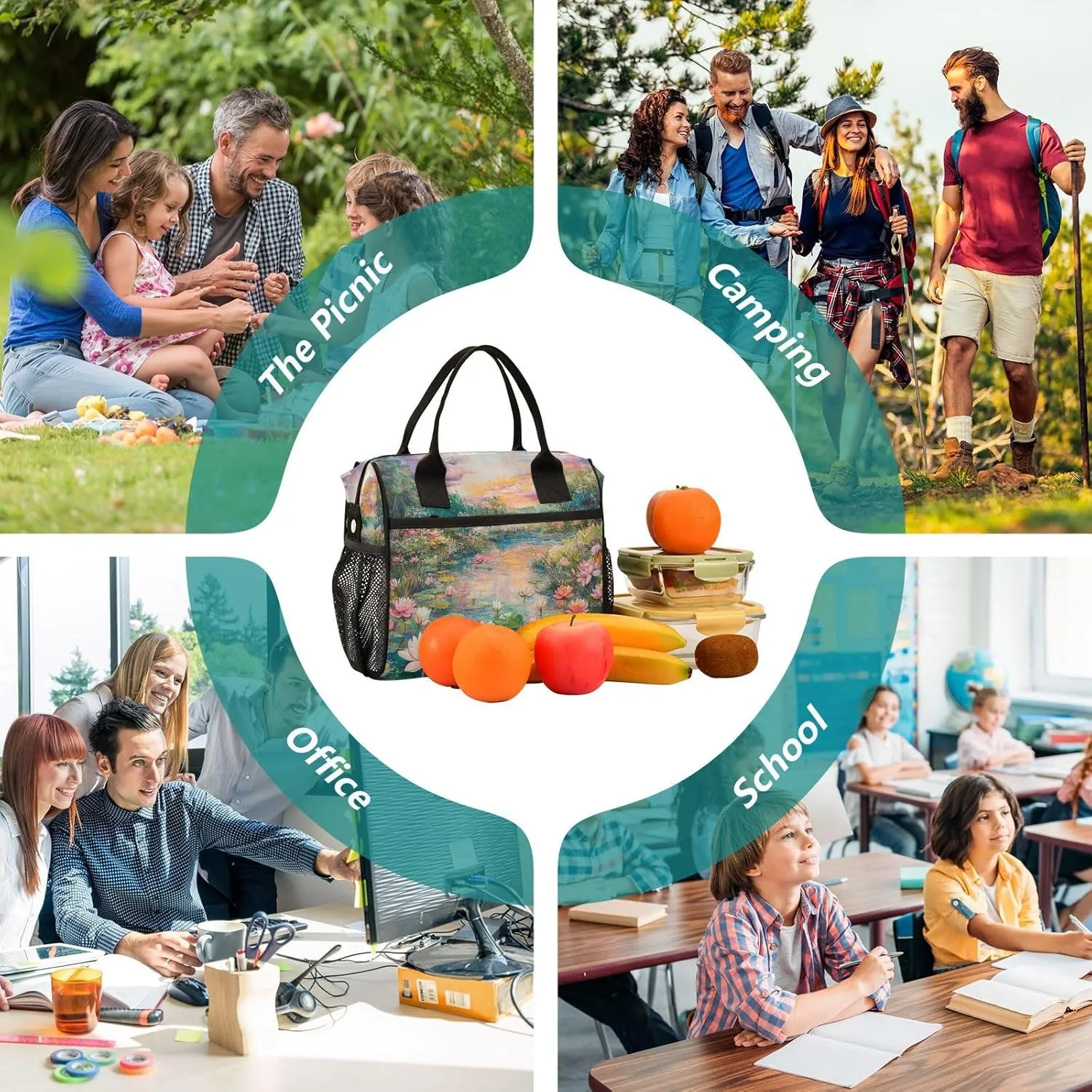 Flower Pond Green Lunch Bag for Women Insulated Large Lunch Tote Bag with Adjustable Shoulder Strap for Work Picnic M