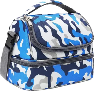 FlowFly Kids Double Decker Cooler Insulated Lunch Bag Large Tote for Boys, Girls, Men, Women, With Adjustable Strap, Blue Camo