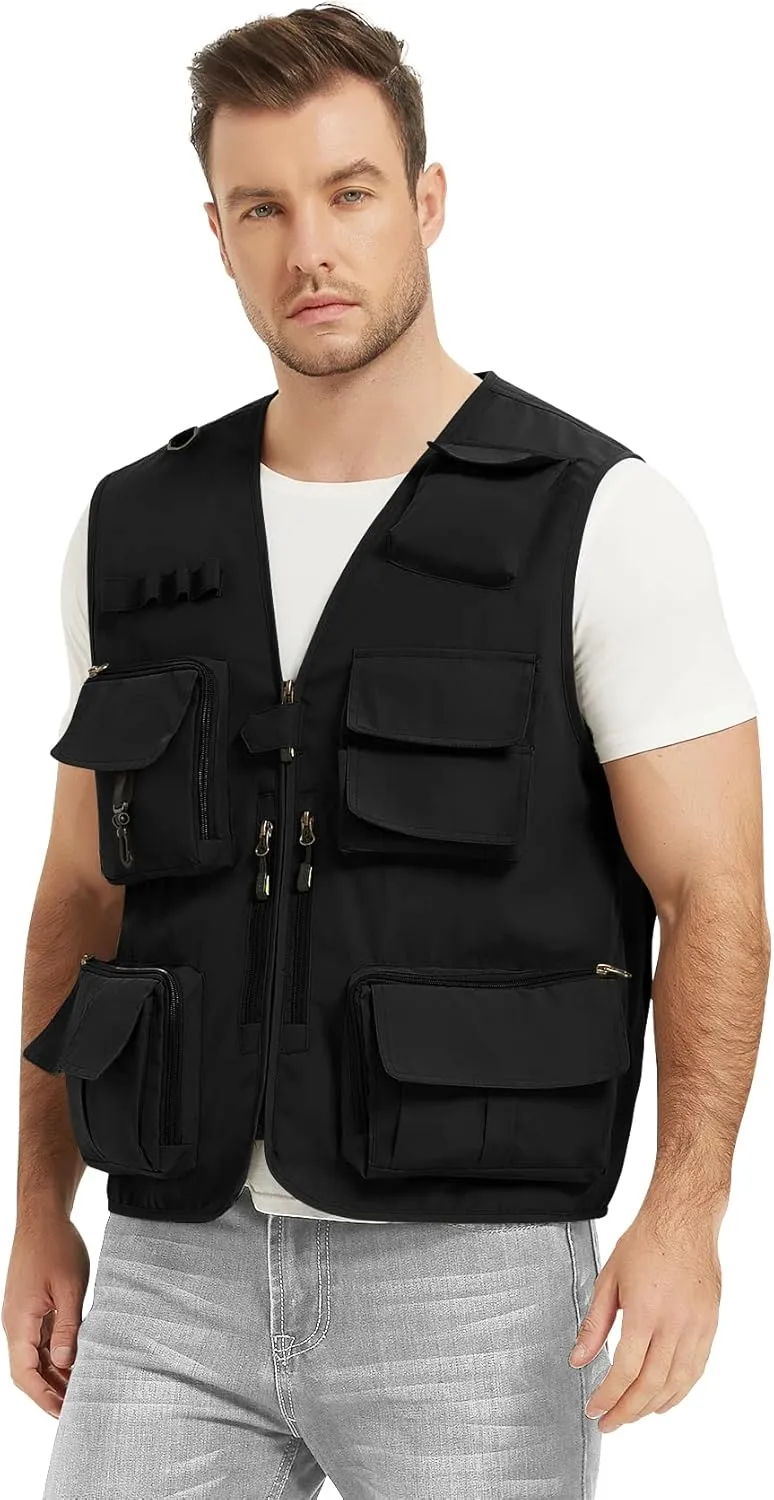 Flygo Men's Casual Lightweight Outdoor Fishing Work Safari Travel Photo Cargo Vest Jacket Multi Pockets