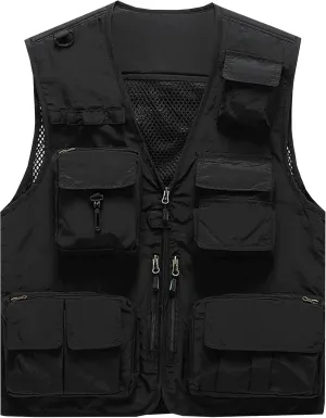 Flygo Men's Casual Lightweight Outdoor Fishing Work Safari Travel Photo Cargo Vest Jacket Multi Pockets