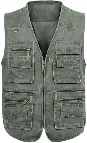 Flygo Men's Fishing Multi Pockets Plus Size Photography Outdoor Climbing Causual Tactical Multi Use Vest (Army Green, Small)