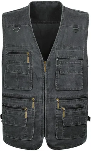 Flygo Men's Fishing Multi Pockets Plus Size Photography Outdoor Climbing Causual Tactical Multi Use Vest (Grey, Small)