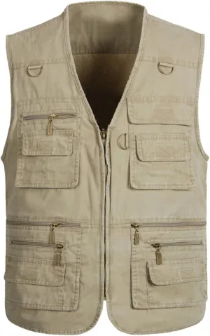 Flygo Men's Fishing Multi Pockets Plus Size Photography Outdoor Climbing Causual Tactical Multi Use Vest (Khaki, Medium)