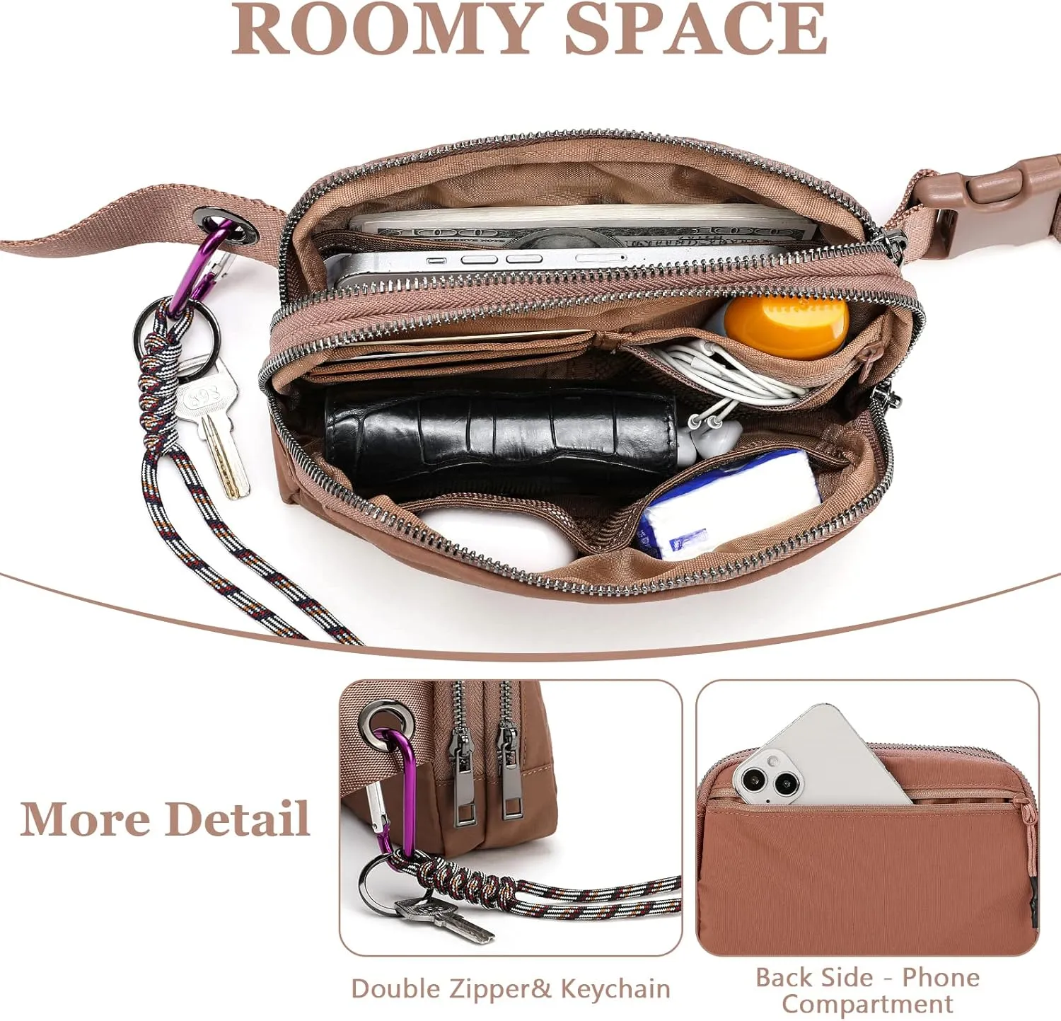 FODOKO Fanny Packs for Women Men, Fashionable Belt Bag Waist Pack for Women with Adjustable Strap, Bum Bag for Running Hiking Travel Workout (Brown)
