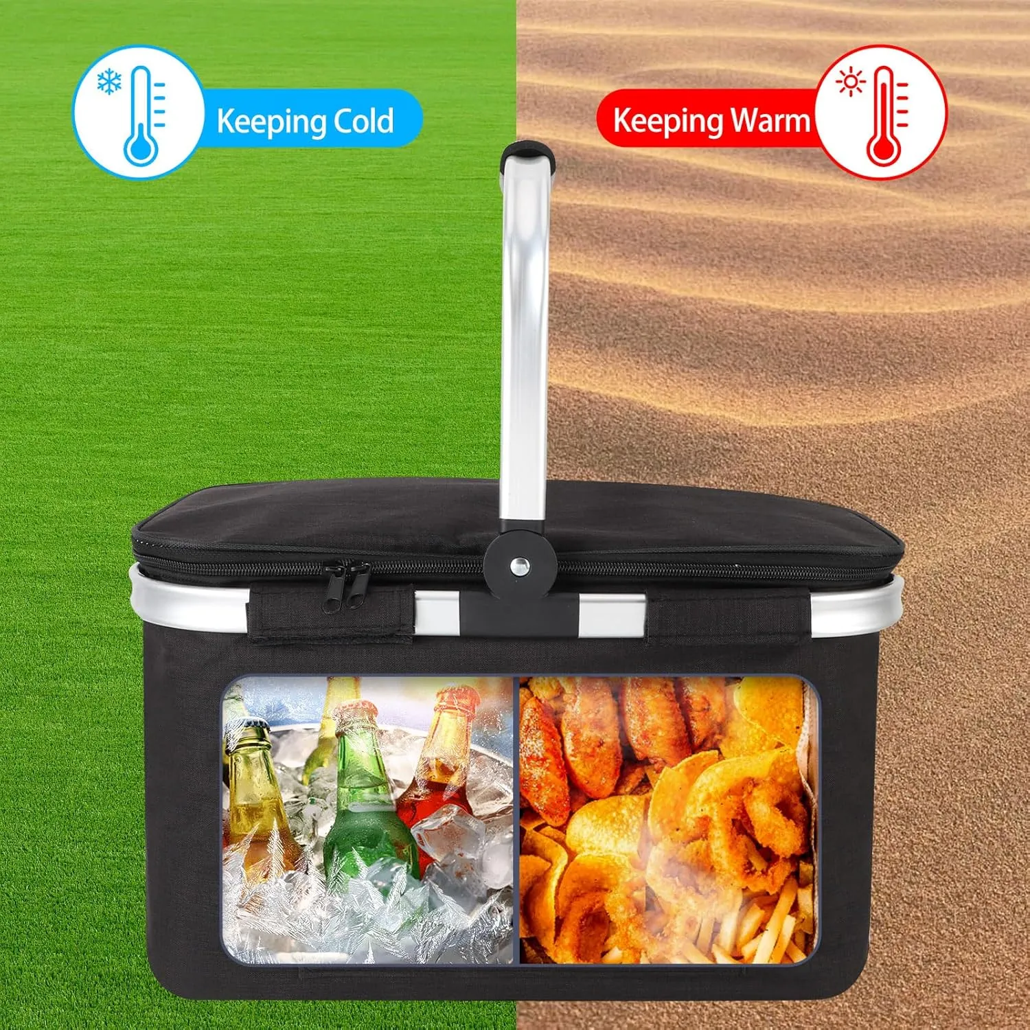 Foldable Picnic Basket Insulated, Large Shopping Bag with Handle and Lid, Reusable Leakproof Cooler Bag for Family Outdoor Lunch BBQ Travel Camping Grocery Beach(Black, 16.9x11x9.8 in)
