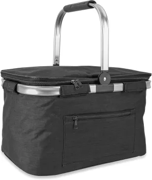 Foldable Picnic Basket Insulated, Large Shopping Bag with Handle and Lid, Reusable Leakproof Cooler Bag for Family Outdoor Lunch BBQ Travel Camping Grocery Beach(Black, 16.9x11x9.8 in)