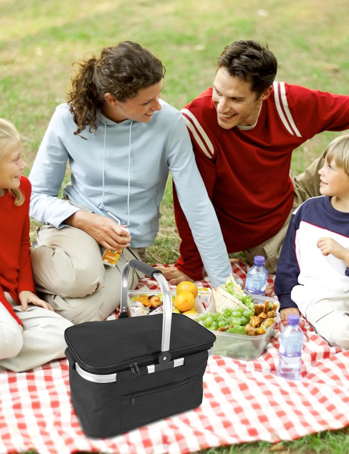 Foldable Picnic Basket Insulated, Large Shopping Bag with Handle and Lid, Reusable Leakproof Cooler Bag for Family Outdoor Lunch BBQ Travel Camping Grocery Beach(Black, 16.9x11x9.8 in)