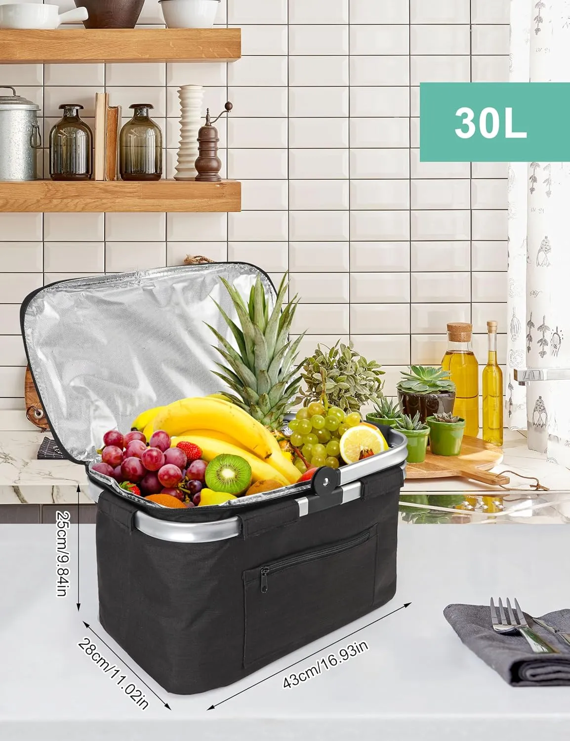 Foldable Picnic Basket Insulated, Large Shopping Bag with Handle and Lid, Reusable Leakproof Cooler Bag for Family Outdoor Lunch BBQ Travel Camping Grocery Beach(Black, 16.9x11x9.8 in)