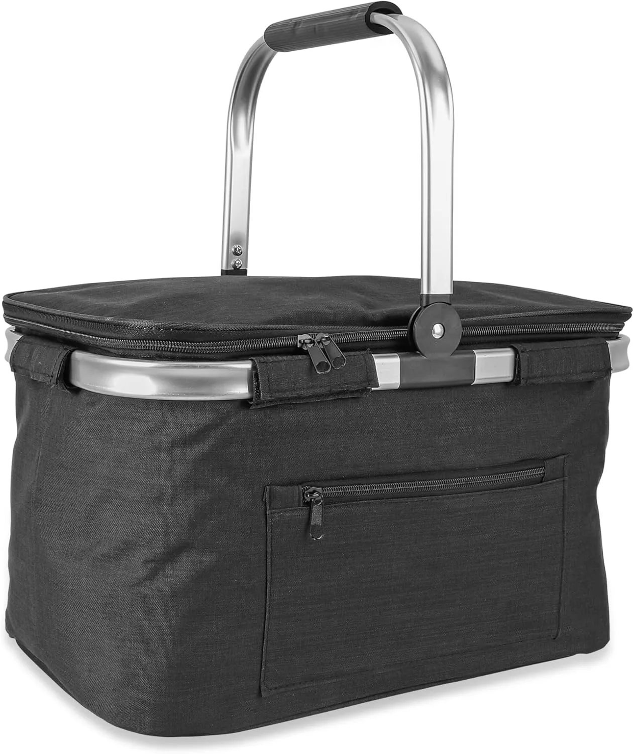 Foldable Picnic Basket Insulated, Large Shopping Bag with Handle and Lid, Reusable Leakproof Cooler Bag for Family Outdoor Lunch BBQ Travel Camping Grocery Beach(Black, 16.9x11x9.8 in)