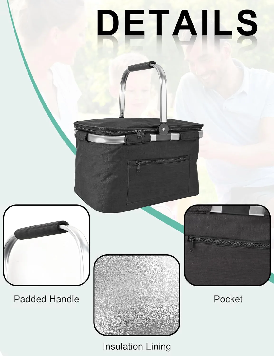 Foldable Picnic Basket Insulated, Large Shopping Bag with Handle and Lid, Reusable Leakproof Cooler Bag for Family Outdoor Lunch BBQ Travel Camping Grocery Beach(Black, 16.9x11x9.8 in)