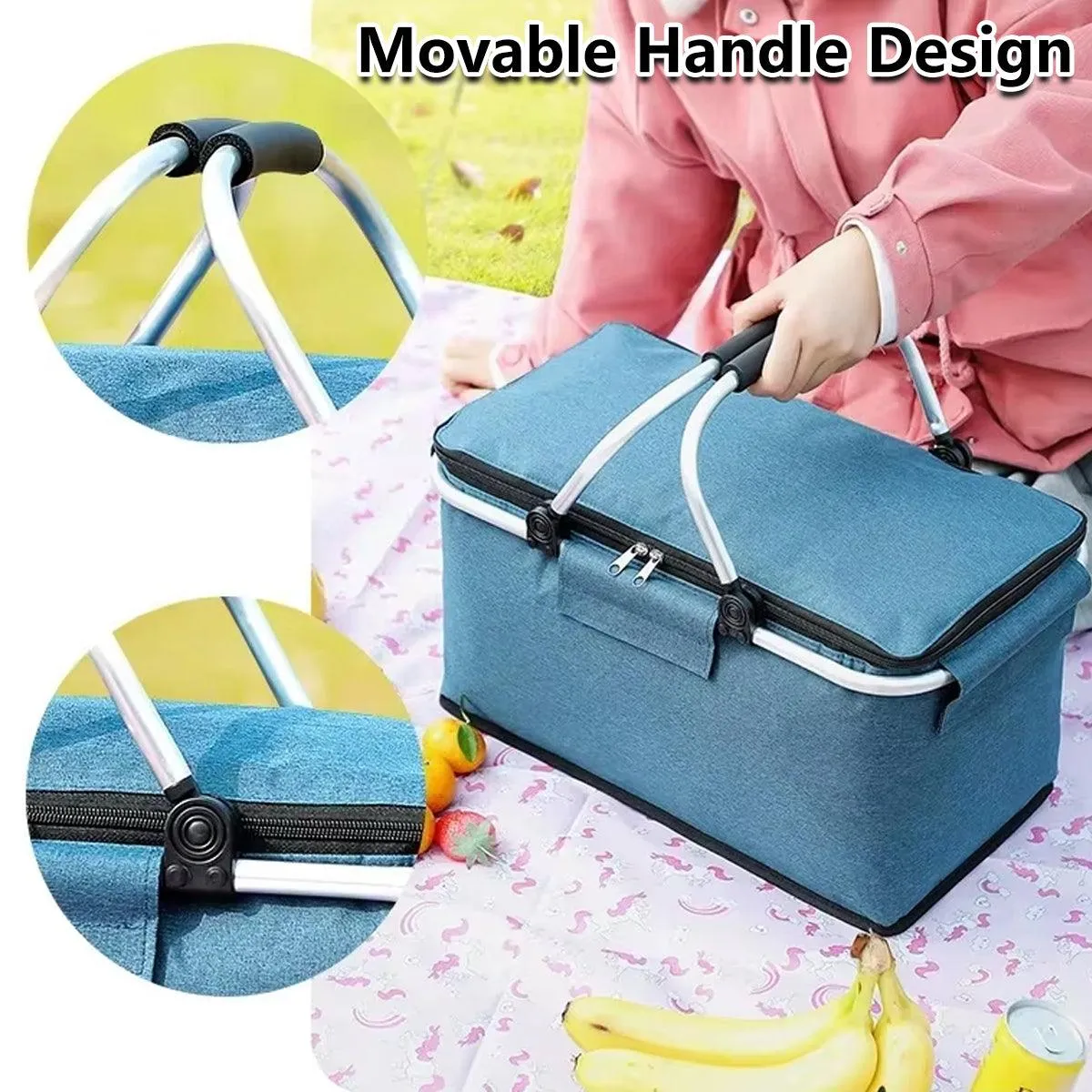 Folding Picnic Basket Insulated Cooler Bag Portable Outdoor Grocery Storage