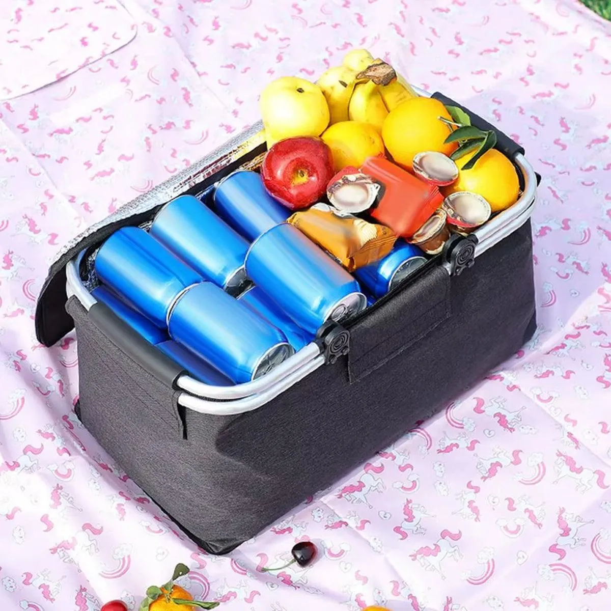 Folding Picnic Basket Insulated Cooler Bag Portable Outdoor Grocery Storage