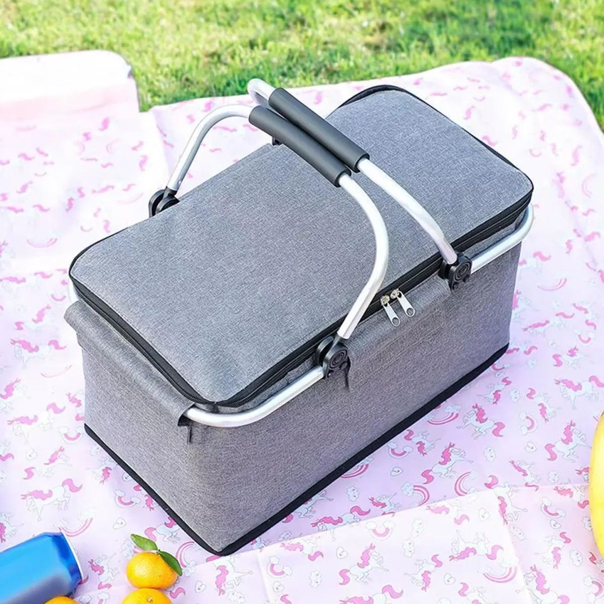 Folding Picnic Basket Insulated Cooler Bag Portable Outdoor Grocery Storage