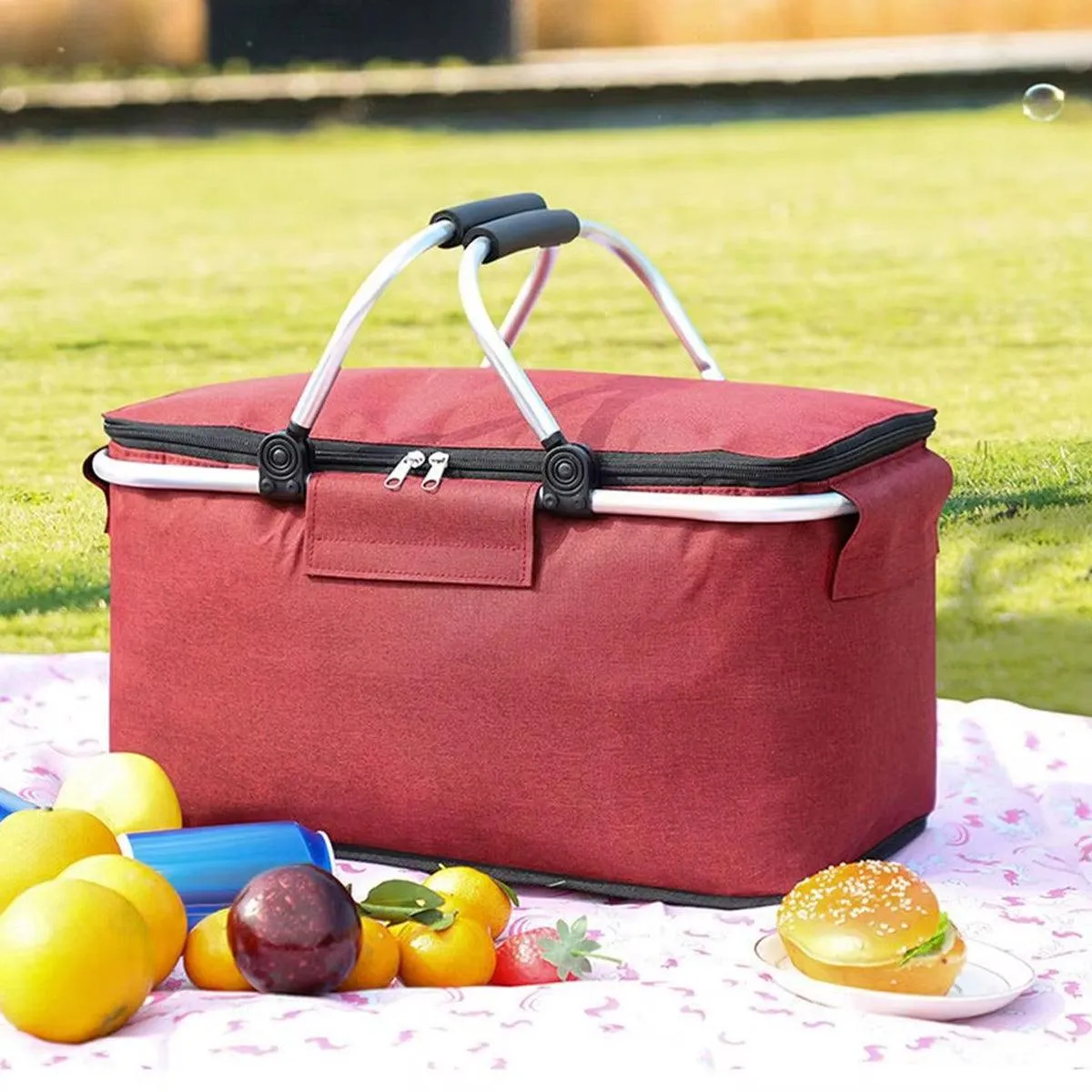 Folding Picnic Basket Insulated Cooler Bag Portable Outdoor Grocery Storage