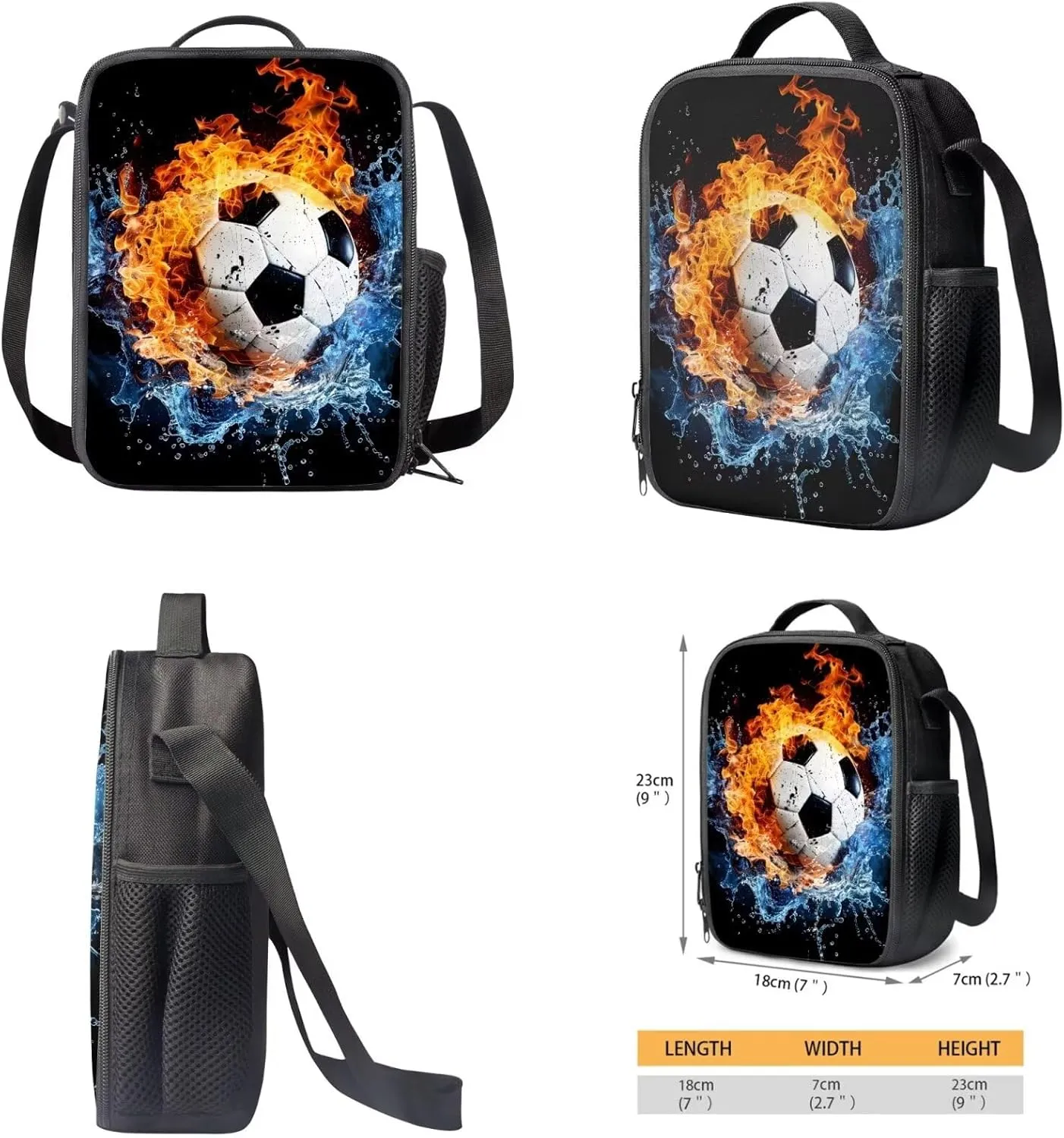 Football Backpack for Boys 8-10 Middle High School Book Bag with Lunch Box Pencil Case Fire Soccer Schoolbag Back Packs Set of 3 Elementary Kindergarten School Daycare Bag Satchel
