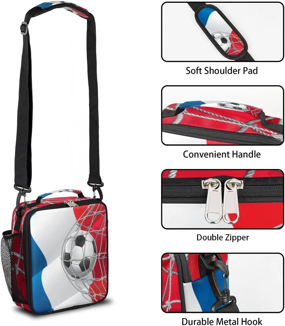 Football Insulated Lunch Bag Soccer Kids Lunch Box Reusable Leakproof Lunch Bag for Girls Boys Cooler Tote Bag with Adjustable Shoulder Strap for School Picnic Work Travel Outdoor