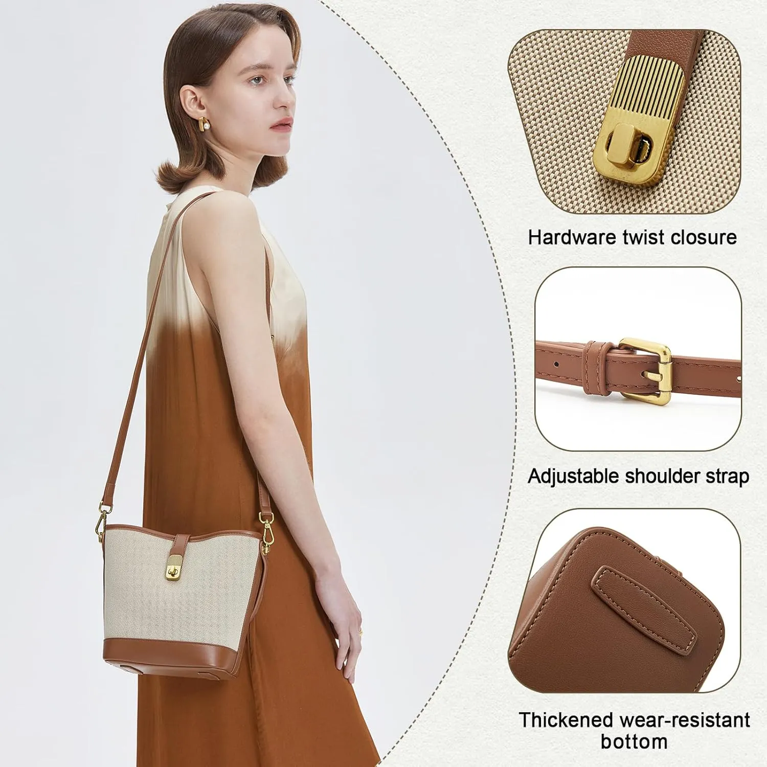 FOXLOVER Coated Canvas Bucket Crossbody Bags for Women Top-Handle Handbags Small Satchel Purse Trendy Twist Lock
