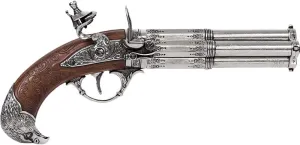 French 18th Century 4 Barrel Flintlock Pistol with Antique Gray Finish-Wood