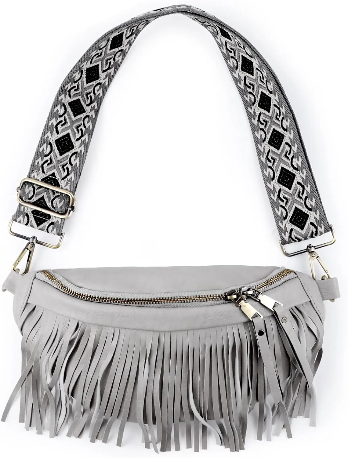 Fringe Fanny Pack, Shell Shape Cross Body Bags, Vintage Western Waist Pack, Anti Theft Zipper Tassel Leather Shoulder Bag, Special Printed Shoulder Strap Metal Accessories, Unique Gift for Women(grey)