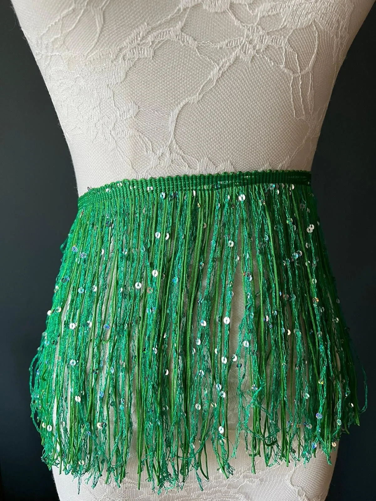 Fringe, Fringe With Sequins, Sequinned,  Sequin Fringe, Dance, Costumes, Fashion, Party, Dress Fringe, 20cm, 8 inch, 8 Colours, Green