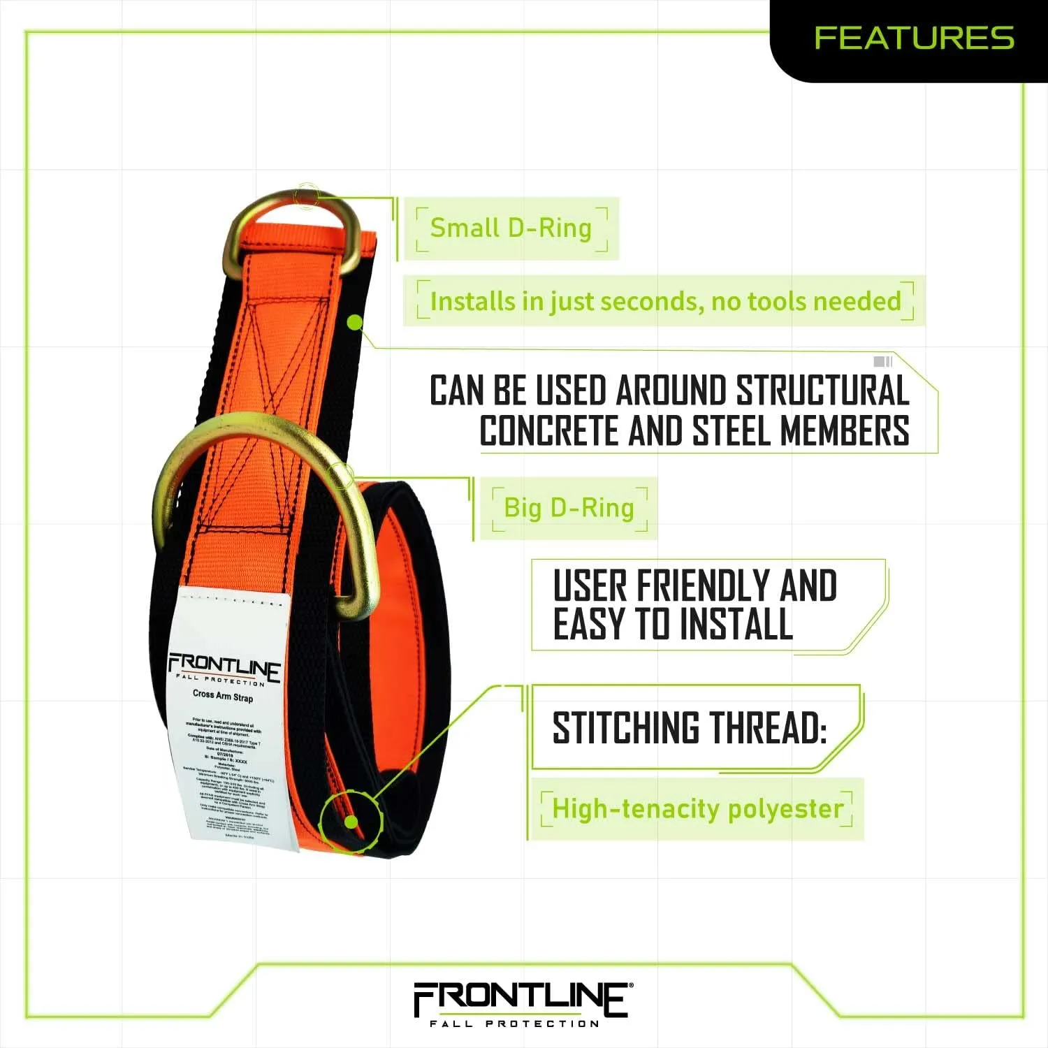Frontline MPS06 Premium Cross Arm Strap with Reinforced Webbing 6 ' | Beam Anchorage Straps | D-Ring at Both Ends | ANSI & OSHA Compliant | High-Tenacity Polyester Webbing and Alloy Steel D-Ring