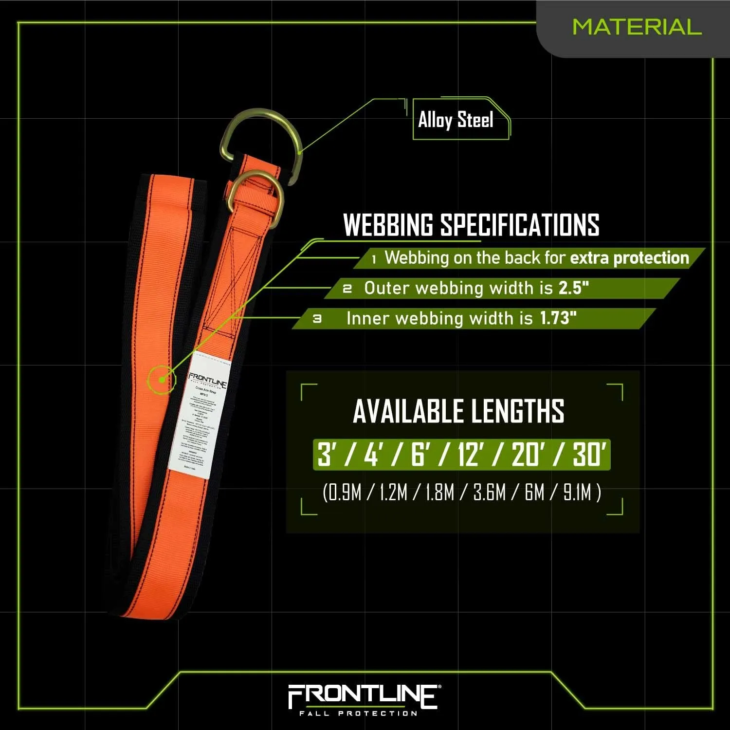 Frontline MPS06 Premium Cross Arm Strap with Reinforced Webbing 6 ' | Beam Anchorage Straps | D-Ring at Both Ends | ANSI & OSHA Compliant | High-Tenacity Polyester Webbing and Alloy Steel D-Ring