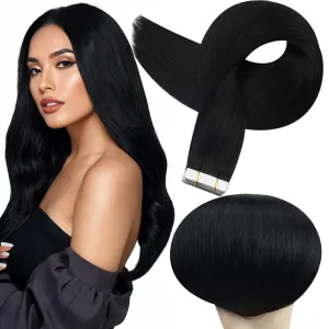 Full Shine Tape in Real Human Hair 14 Inch Color 1 Jet Black Pu Remy Tape in Hair Extensions Straight Hair 20 pcs Seamless Tape ins Skin Weft Glue in Human Hair Extensions 50 Gram Add Volume