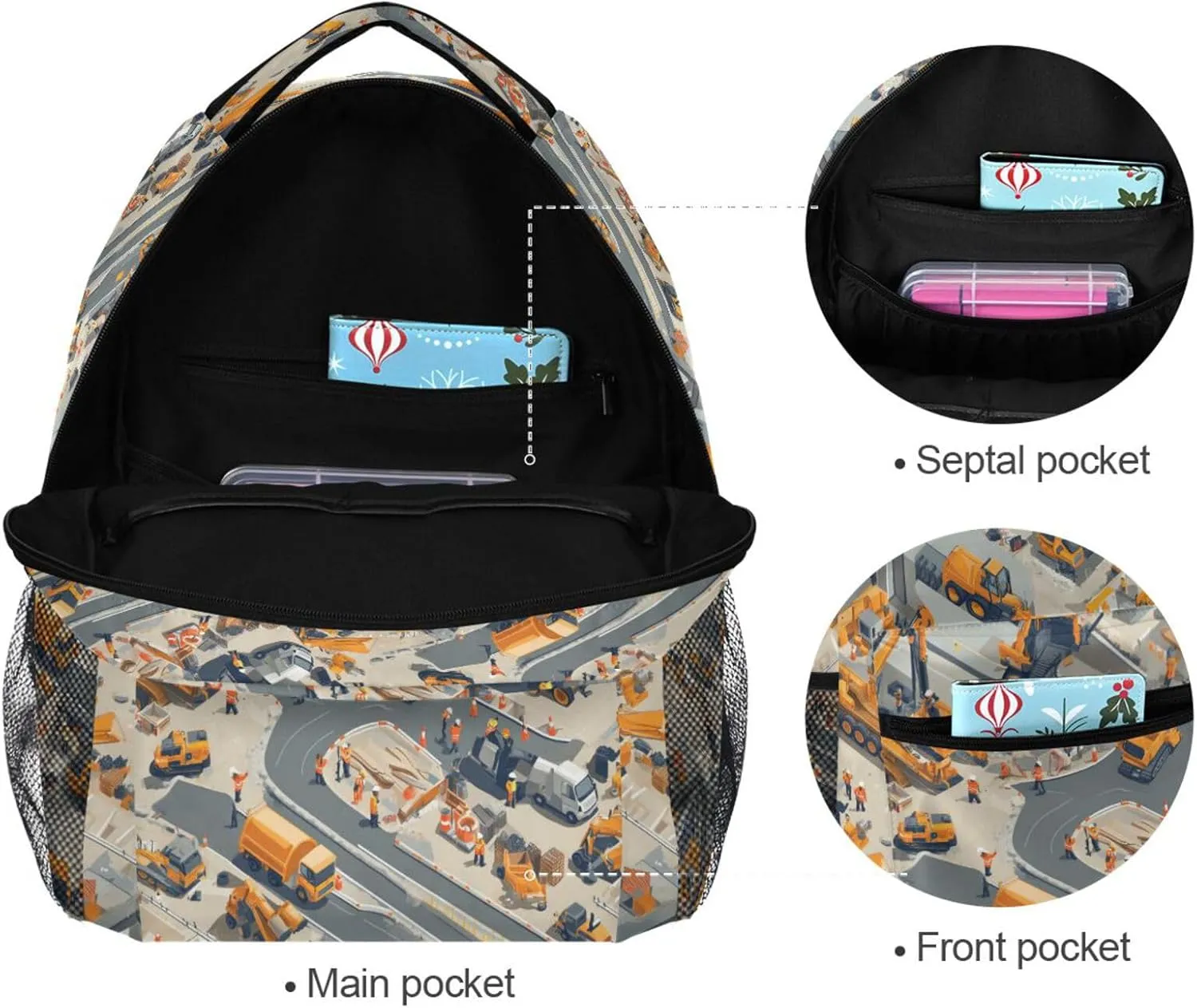 Fun Backpack for Teens Boys Girls Waterproof Backpack with Chest Strap for Business Work College Travel Trip Construction Scene Concrete Mixer Truck
