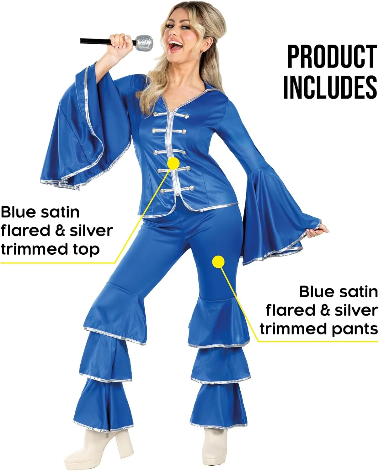 fun shack 70 Disco Costume for Women Blue Flares, Disco Queen Jumpsuit, Retro Dance Outfit for Parties
