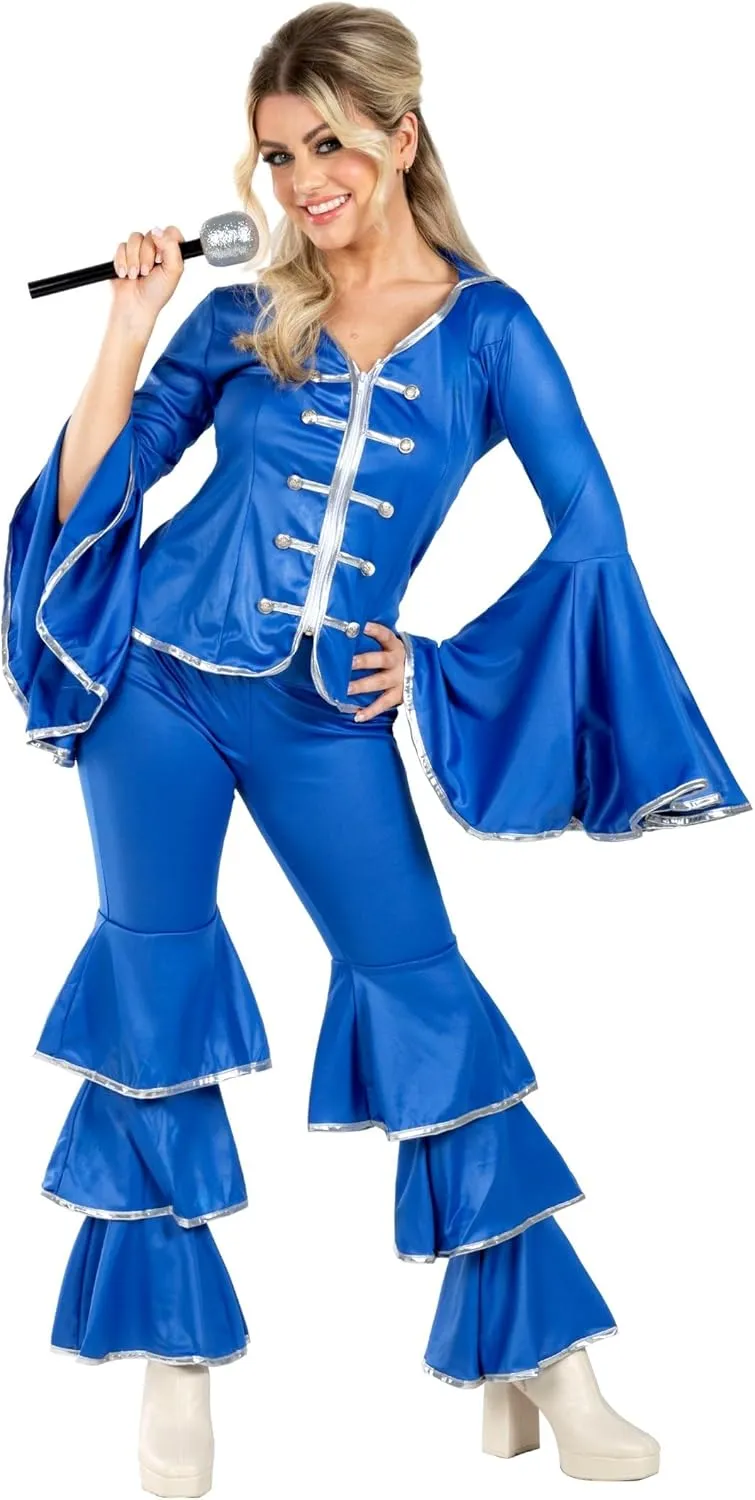 fun shack 70 Disco Costume for Women Blue Flares, Disco Queen Jumpsuit, Retro Dance Outfit for Parties
