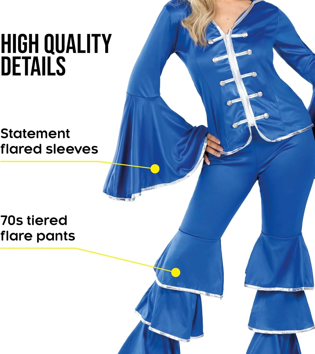 fun shack 70 Disco Costume for Women Blue Flares, Disco Queen Jumpsuit, Retro Dance Outfit for Parties