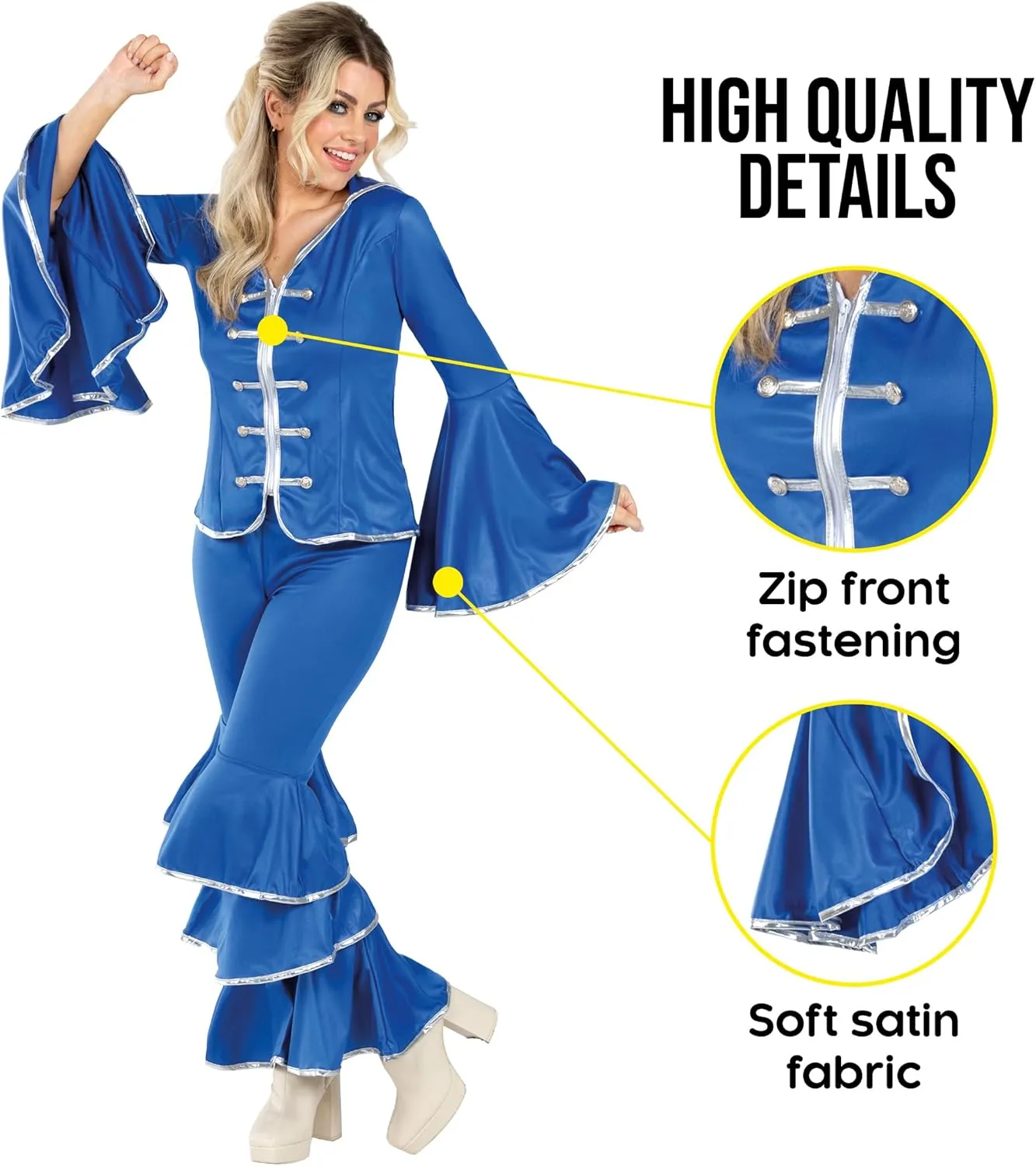 fun shack 70 Disco Costume for Women Blue Flares, Disco Queen Jumpsuit, Retro Dance Outfit for Parties