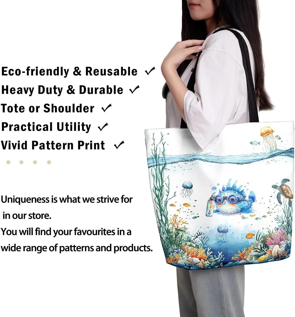 Funny Axolotl Canvas Tote Bag for Women,Kids Sea Turtle Jellyfish Coastal Large Shoulder Bag