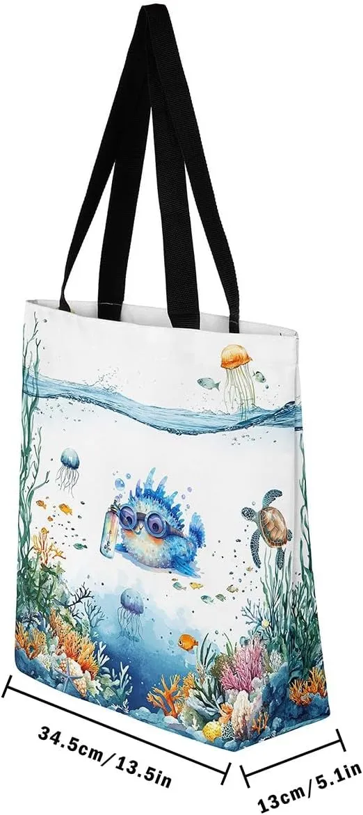 Funny Axolotl Canvas Tote Bag for Women,Kids Sea Turtle Jellyfish Coastal Large Shoulder Bag