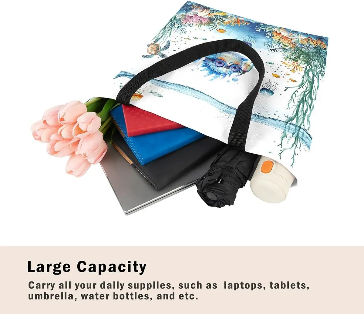 Funny Axolotl Canvas Tote Bag for Women,Kids Sea Turtle Jellyfish Coastal Large Shoulder Bag