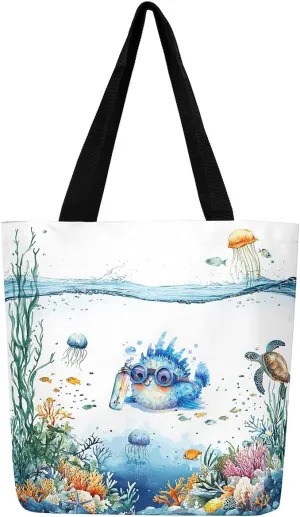 Funny Axolotl Canvas Tote Bag for Women,Kids Sea Turtle Jellyfish Coastal Large Shoulder Bag