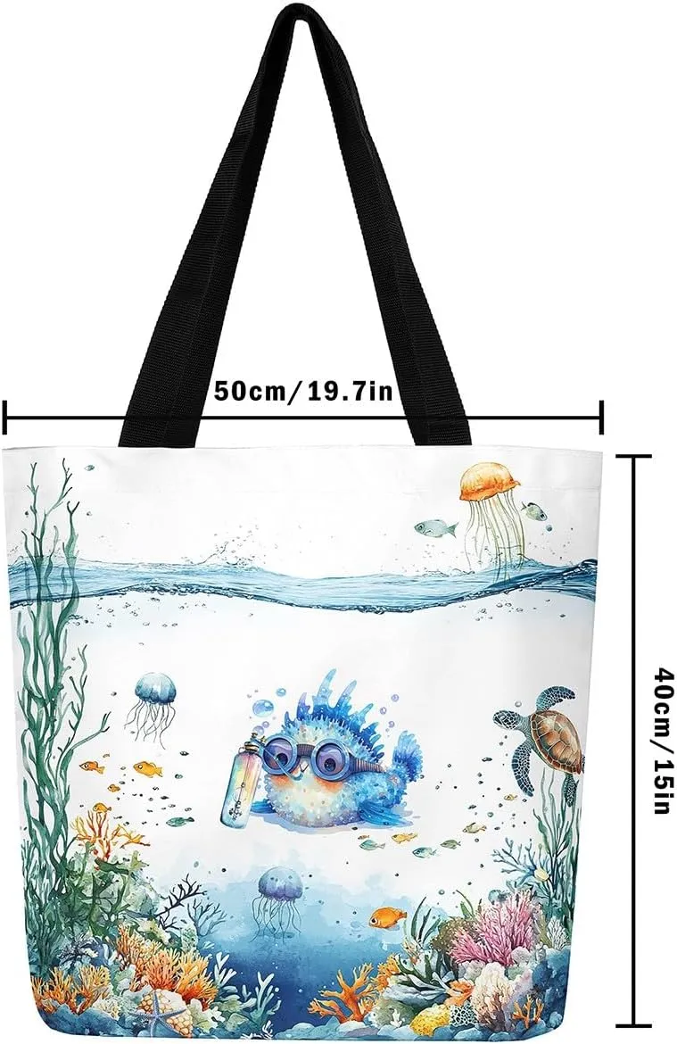 Funny Axolotl Canvas Tote Bag for Women,Kids Sea Turtle Jellyfish Coastal Large Shoulder Bag
