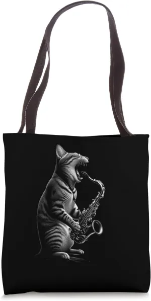 Funny Cat Playing Saxophone Jazz Sax Musician Saxophonist Tote Bag