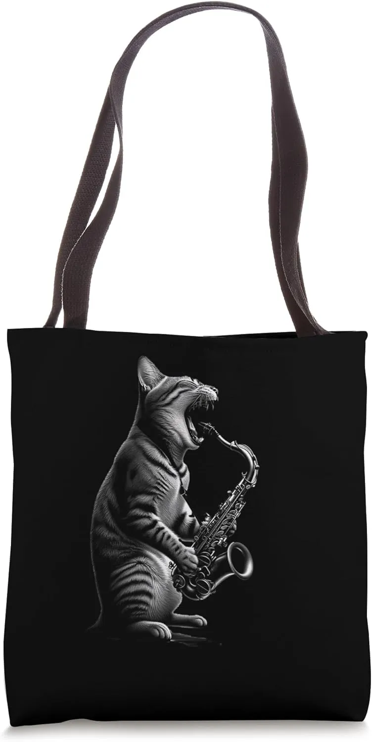 Funny Cat Playing Saxophone Jazz Sax Musician Saxophonist Tote Bag