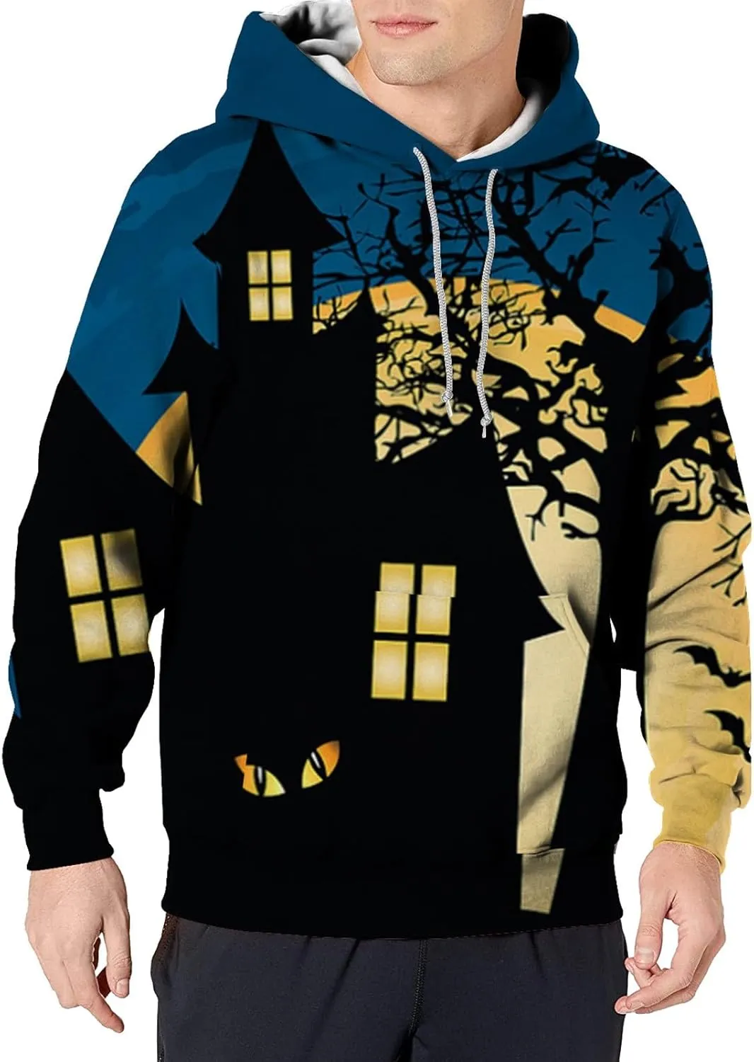funny halloween sweatshirts for men Print Sweatshirt Long Sleeved Hooded Collar Sweatshirt Pullover Hoodies cat