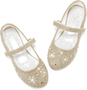 Furdeour Girls Dress Shoes Mary Jane Flower Wedding Party Bridesmaids Shoes Glitter Princess Ballet Flats for Kid Toddler