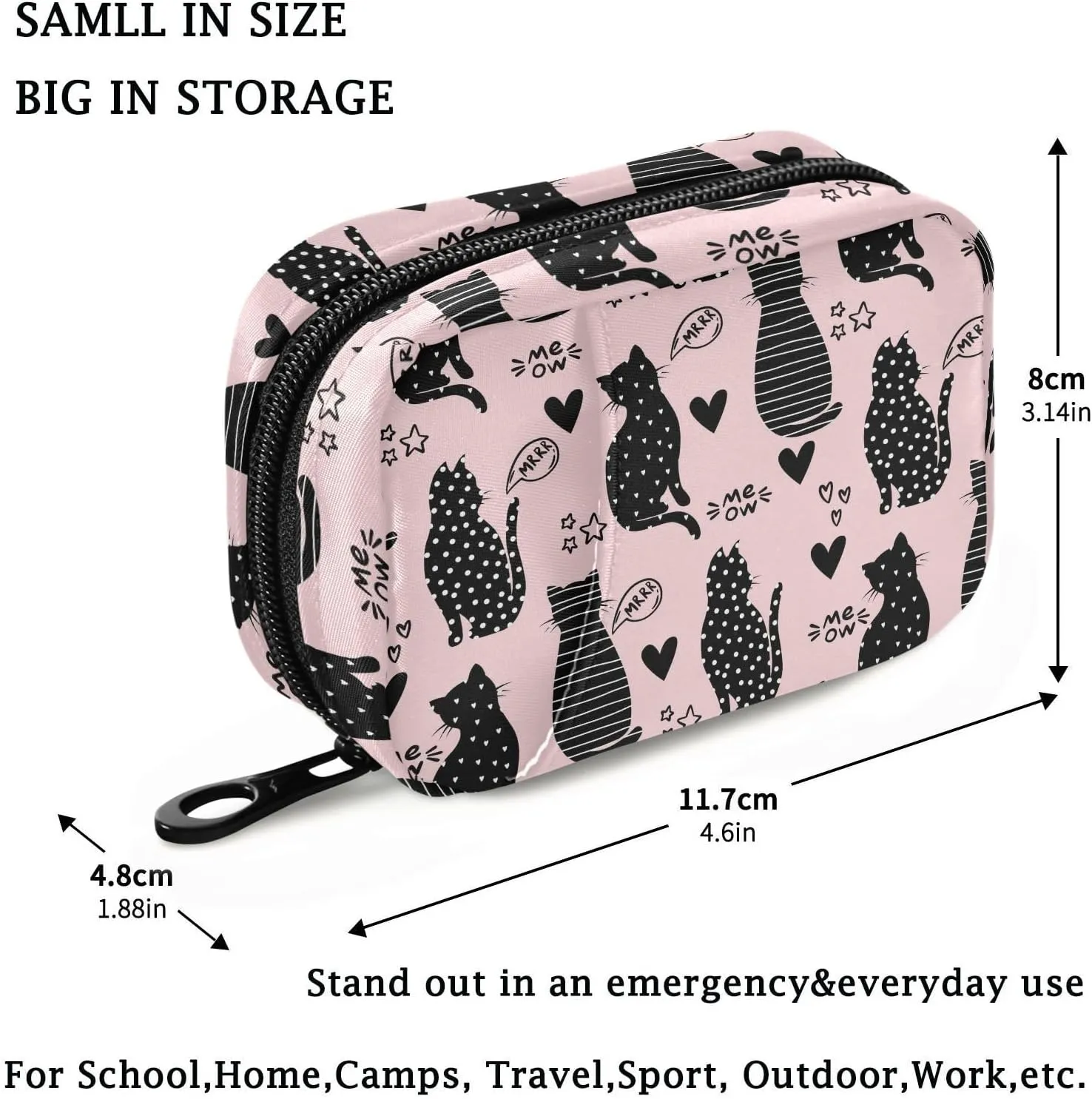 Fustylead Black Silhouette Cats and Star Hearts Travel Pill Organizer Bag with Zipper Small Pill Box 7 Day Pill Case for Purse Storage Weekly Vitamin Medicine Supplement