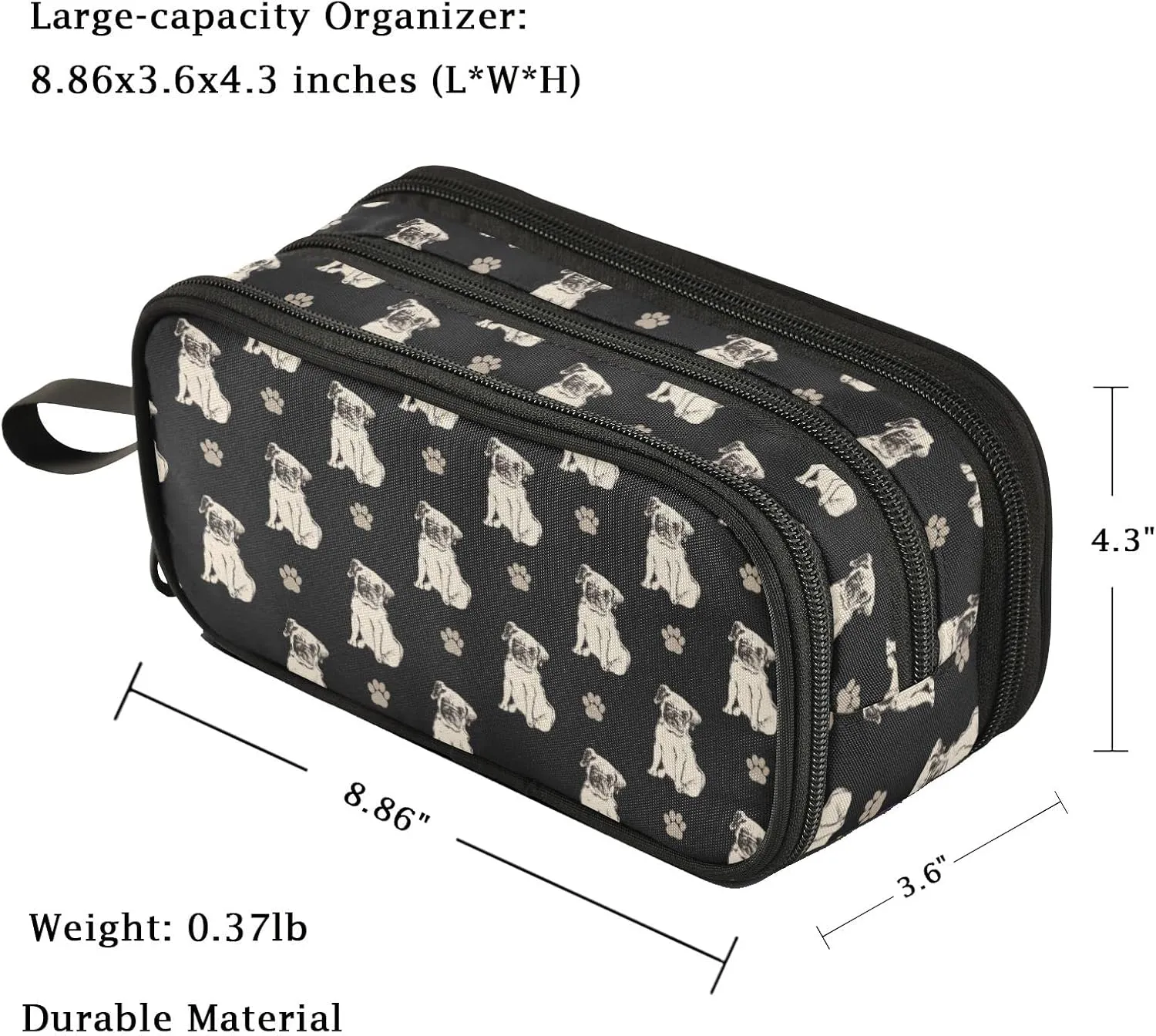 Fustylead Lovely Pug Dogs Large Pencil Case, Durable Pen Pouch with Big Capacity, Minimalist Portable Stationery Bag with Handle for Middle High College School Office Travel
