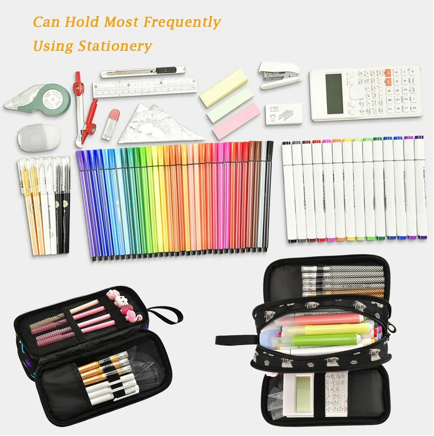 Fustylead Lovely Pug Dogs Large Pencil Case, Durable Pen Pouch with Big Capacity, Minimalist Portable Stationery Bag with Handle for Middle High College School Office Travel